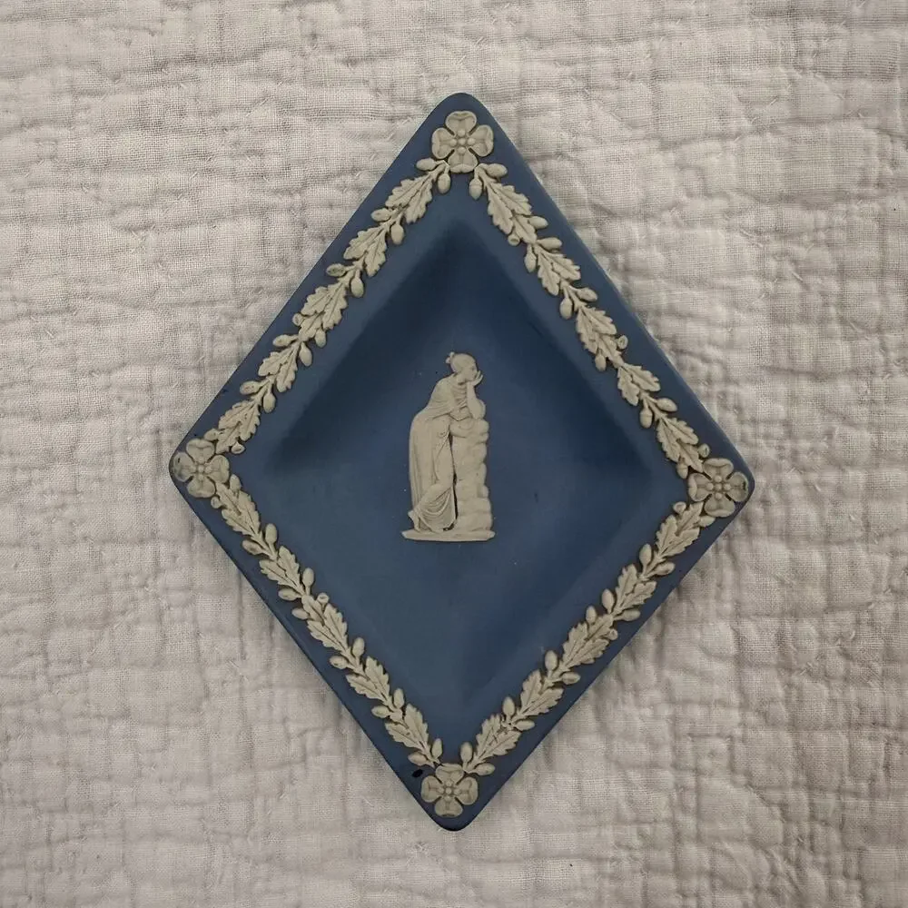 Antique Wedgewood Blue Jasperware Diamond Trinket Ring Dish Goddess Playing Harp